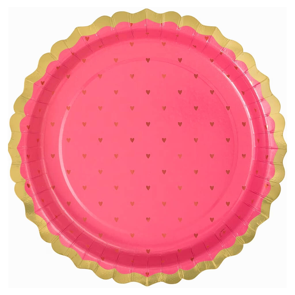 Pink paper plate with mini gold heart pattern and gold rim valentines day tableware