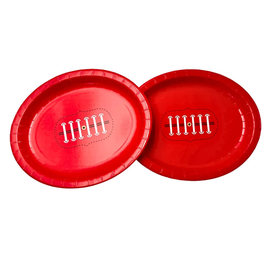 Two red oval footy paper plates