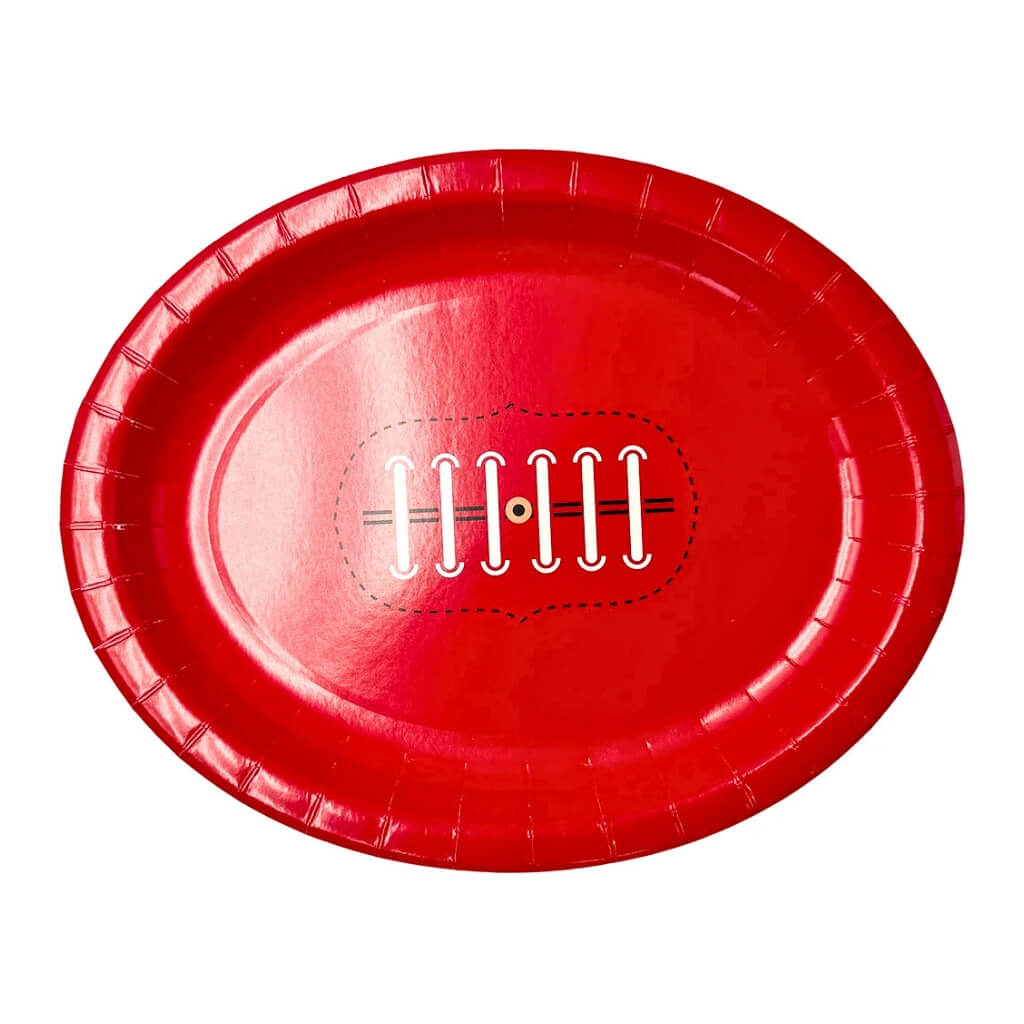 Red paper plate with a football design on a white background