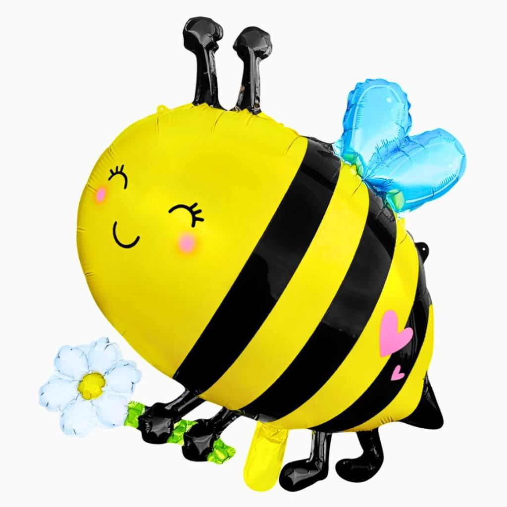 Bee-shaped balloon with a blue flower on a white background