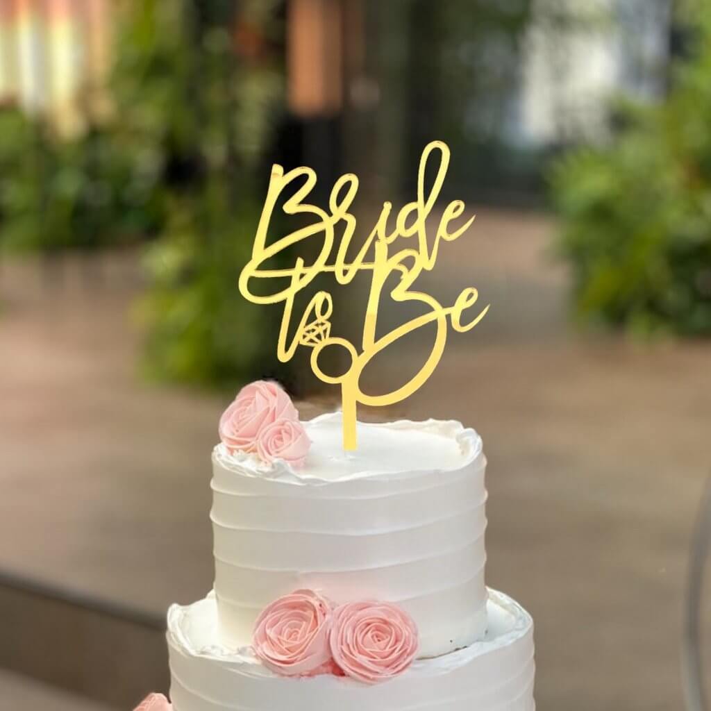 Gold Mirror Acrylic Diamond 'Bride To Be' with Diamond Ring Cake Topper