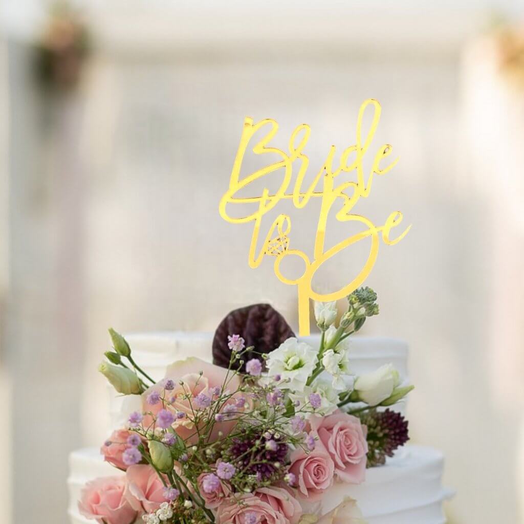 Gold Mirror Acrylic Diamond 'Bride To Be' with Diamond Ring Cake Topper
