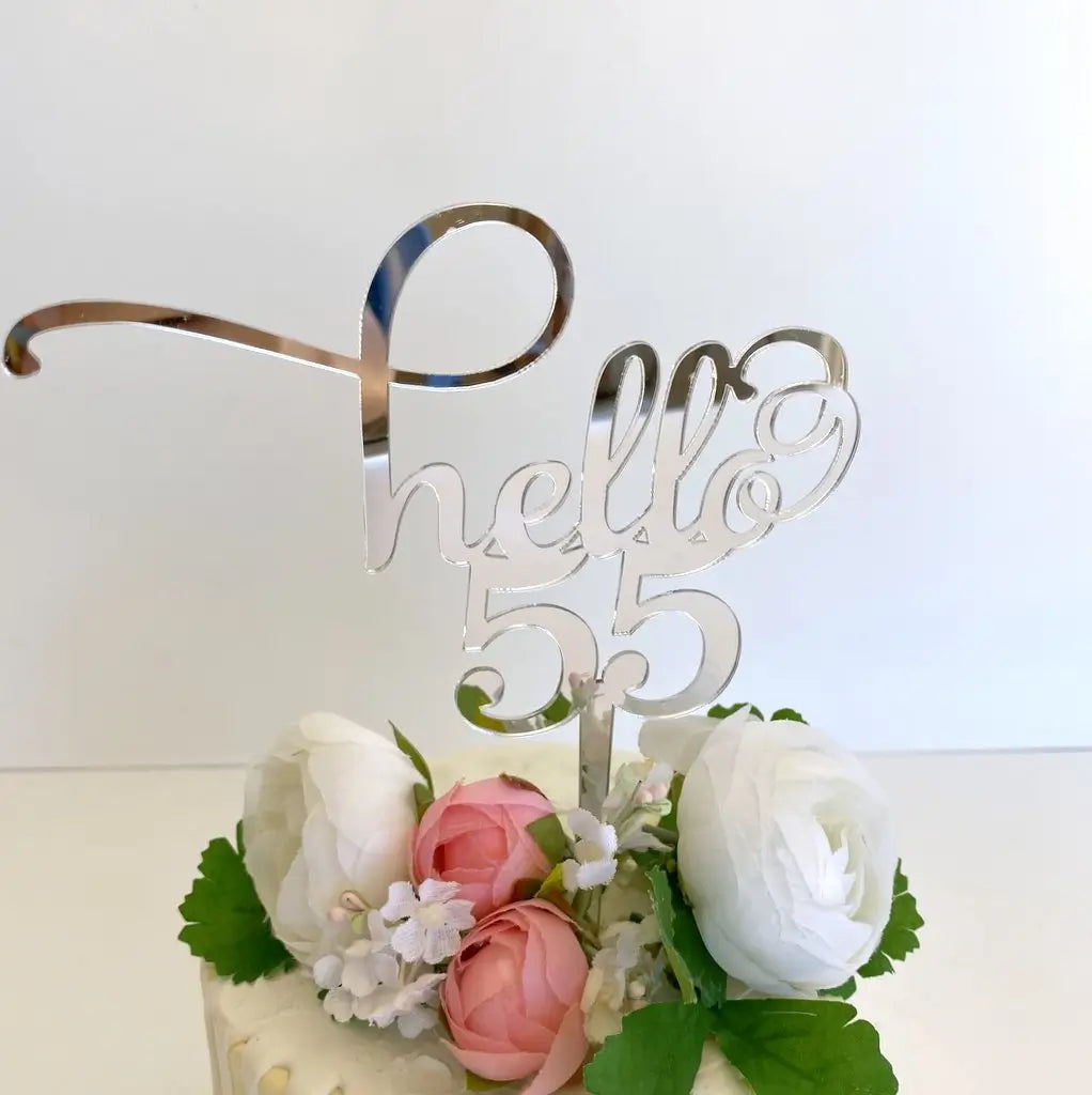 Silver Mirror Acrylic Hello 55 Birthday Cake Topper