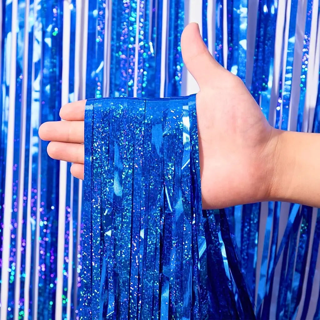 blue laser glitter tinsel foil fringe curtain for birthday decorations