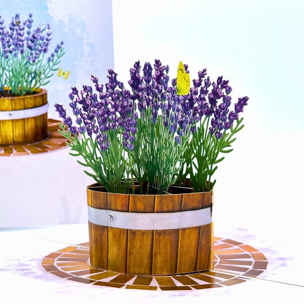 Lavender Flowers in Wooden Bucket 3D Card - Floral Origami Pop Up Card