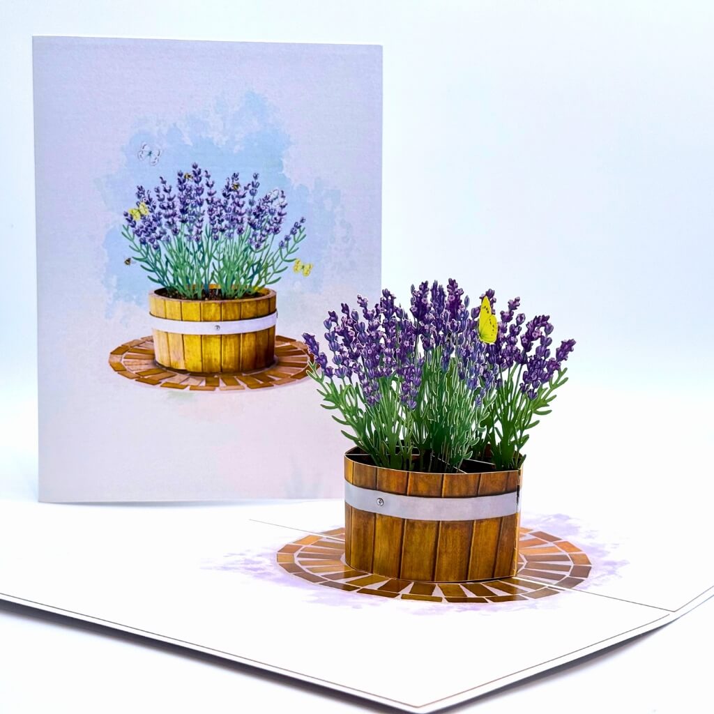 Lavender Flowers in Wooden Bucket 3D Card - Floral Origami Pop Up Card