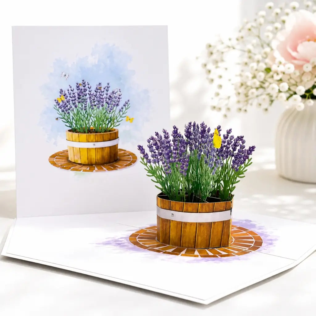 Lavender Flowers in Wooden Bucket 3D Card