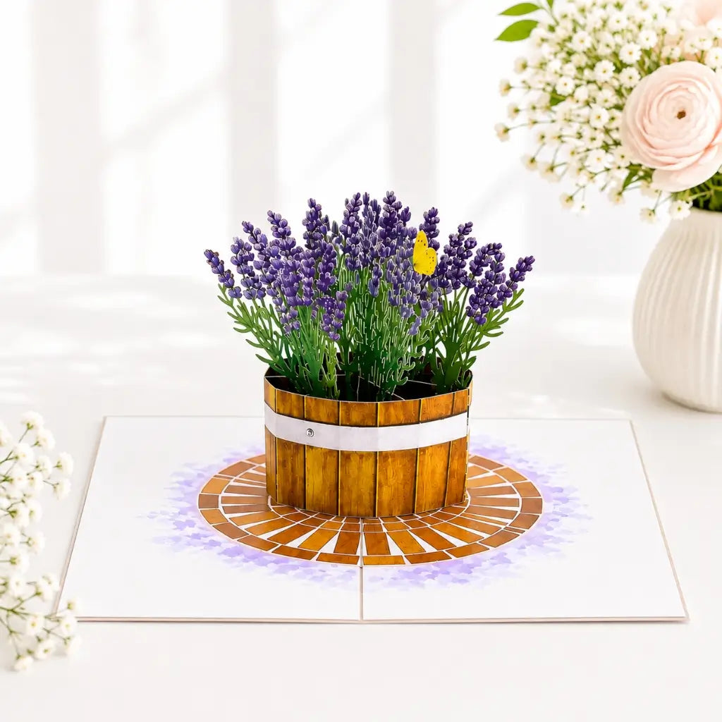 Lavender Flowers in Wooden Bucket 3D Card