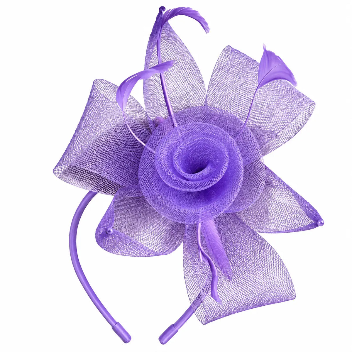 lavender flower fascinator with mesh loops and feathers