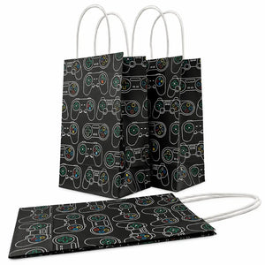 Level Up gaming paper party bags with black video game controller pattern and white twisted handles, pack of 5