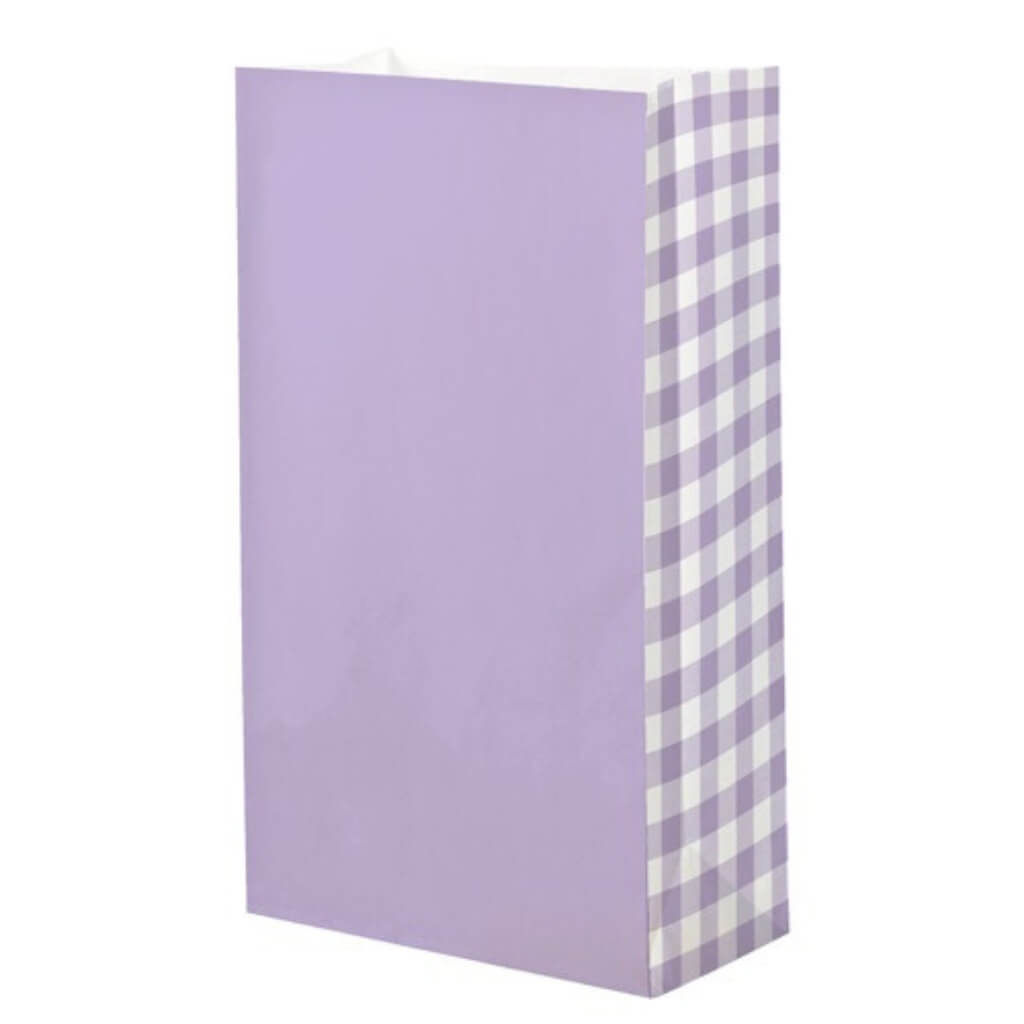Lilac gingham paper party loot bags 8 pack for party favours, treats and gifts.