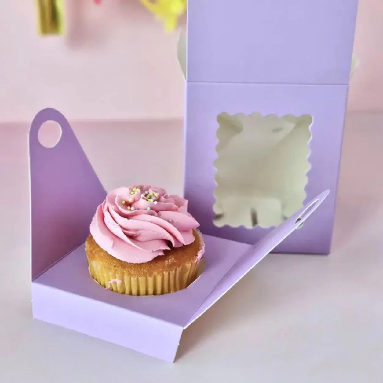 Cake Craft lilac single cupcake box with a clear scalloped window