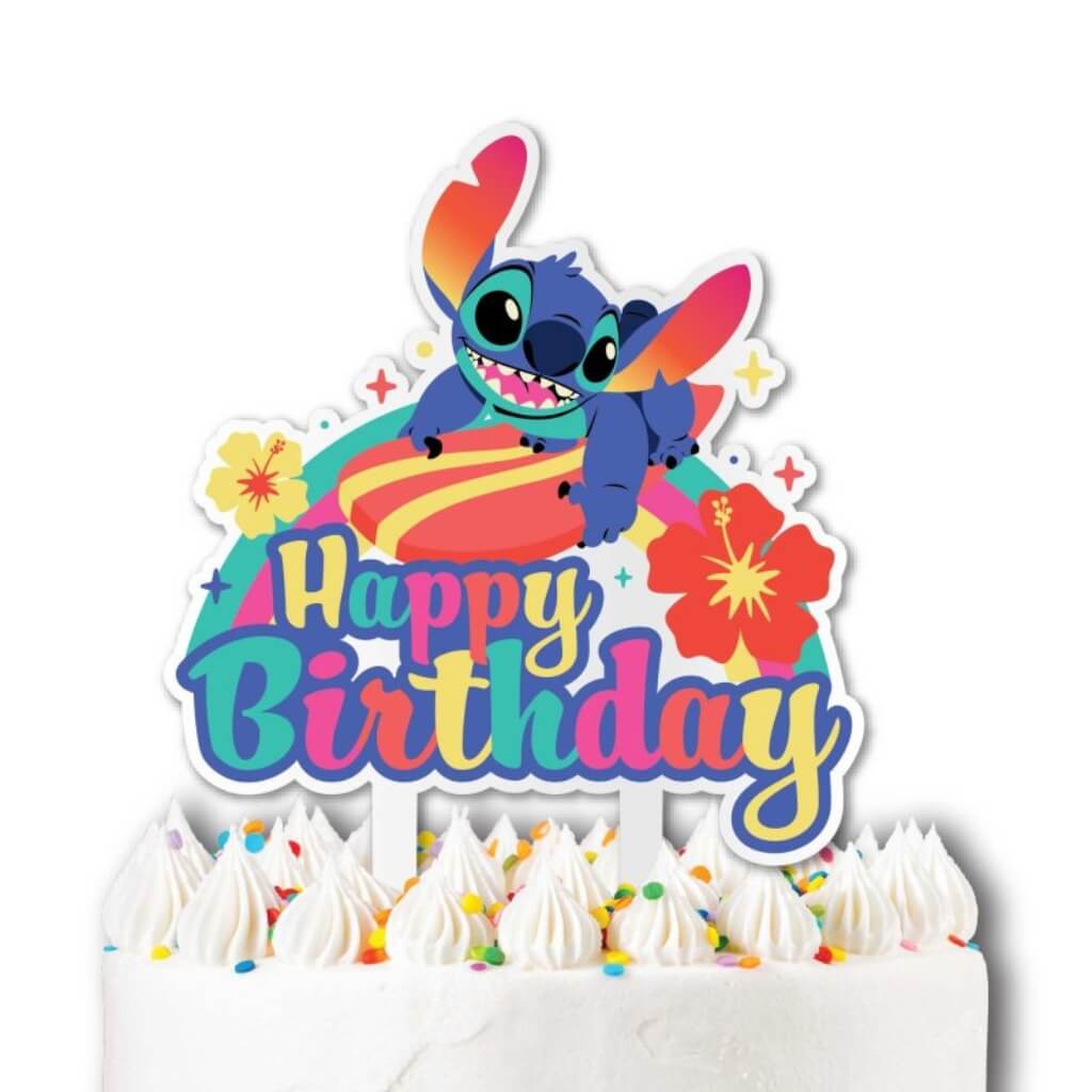 Lilo &amp; Stitch Happy Birthday Acrylic Cake Topper – Surfer Stitch 22cm