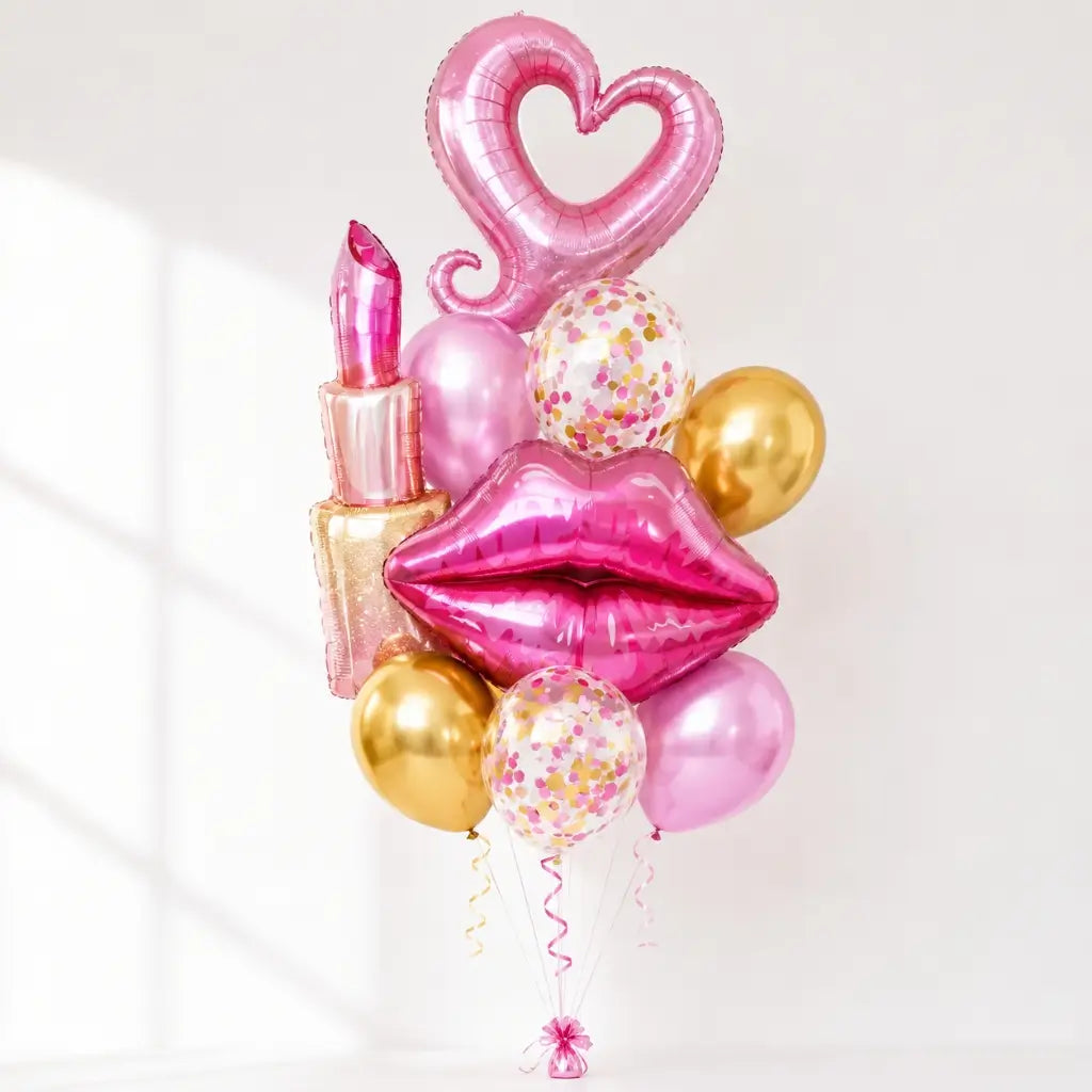 Lipstick, Red Lip, Heart Hook Foil Confetti Latex Balloon Bouquet 9pk