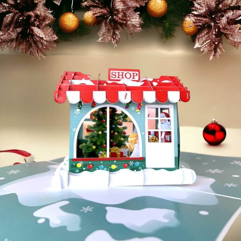 Little Angels Helping Santa Decorating Xmas Shop Pop Up Christmas Card