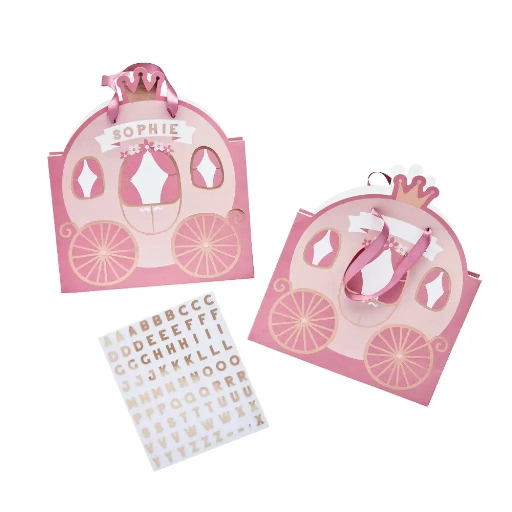 Pink carriage party bags with rose gold sticker sheets and elegant design