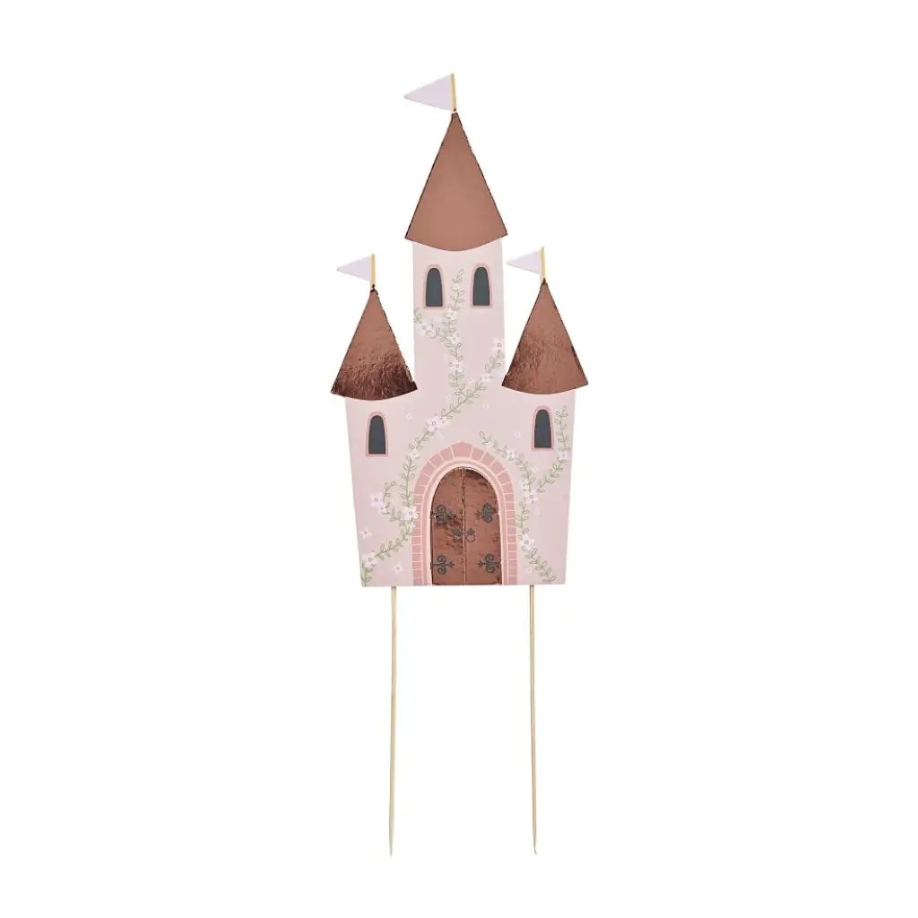 Pink castle cake topper for princess or fairytale-themed celebration