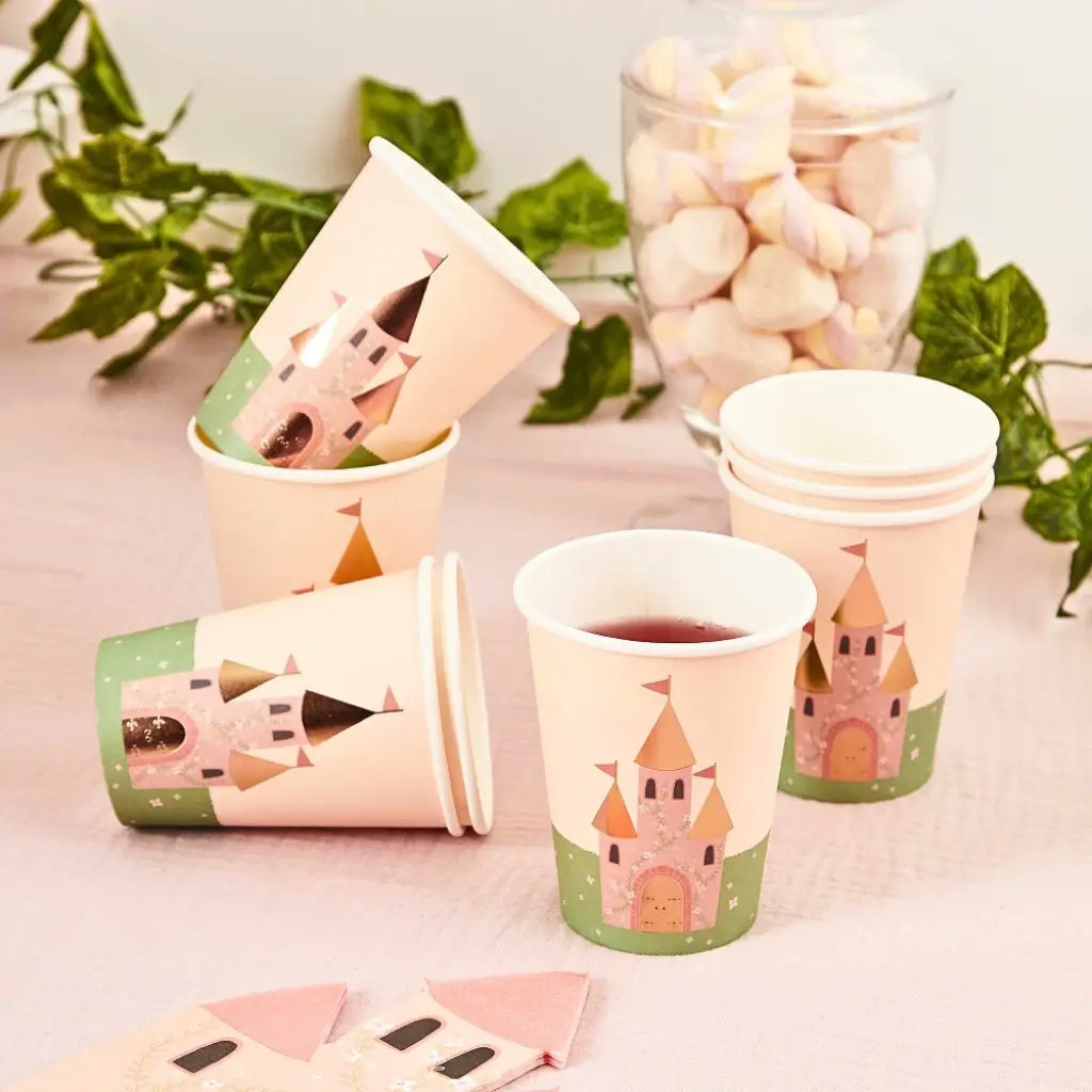 Princess castle paper cups with pink castle and floral grass design