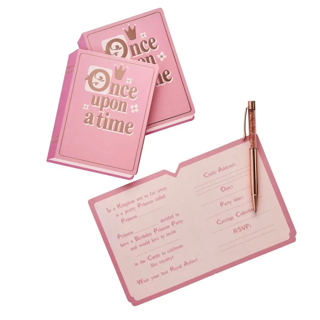 Pink storybook princess party invitations featuring ‘Once Upon a Time’ design