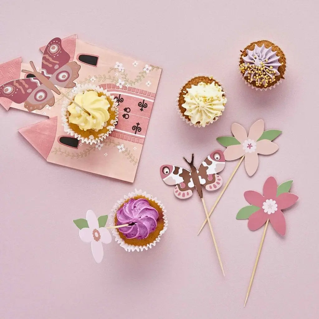 Pink flower and butterfly cupcake toppers for princess or garden-themed parties
