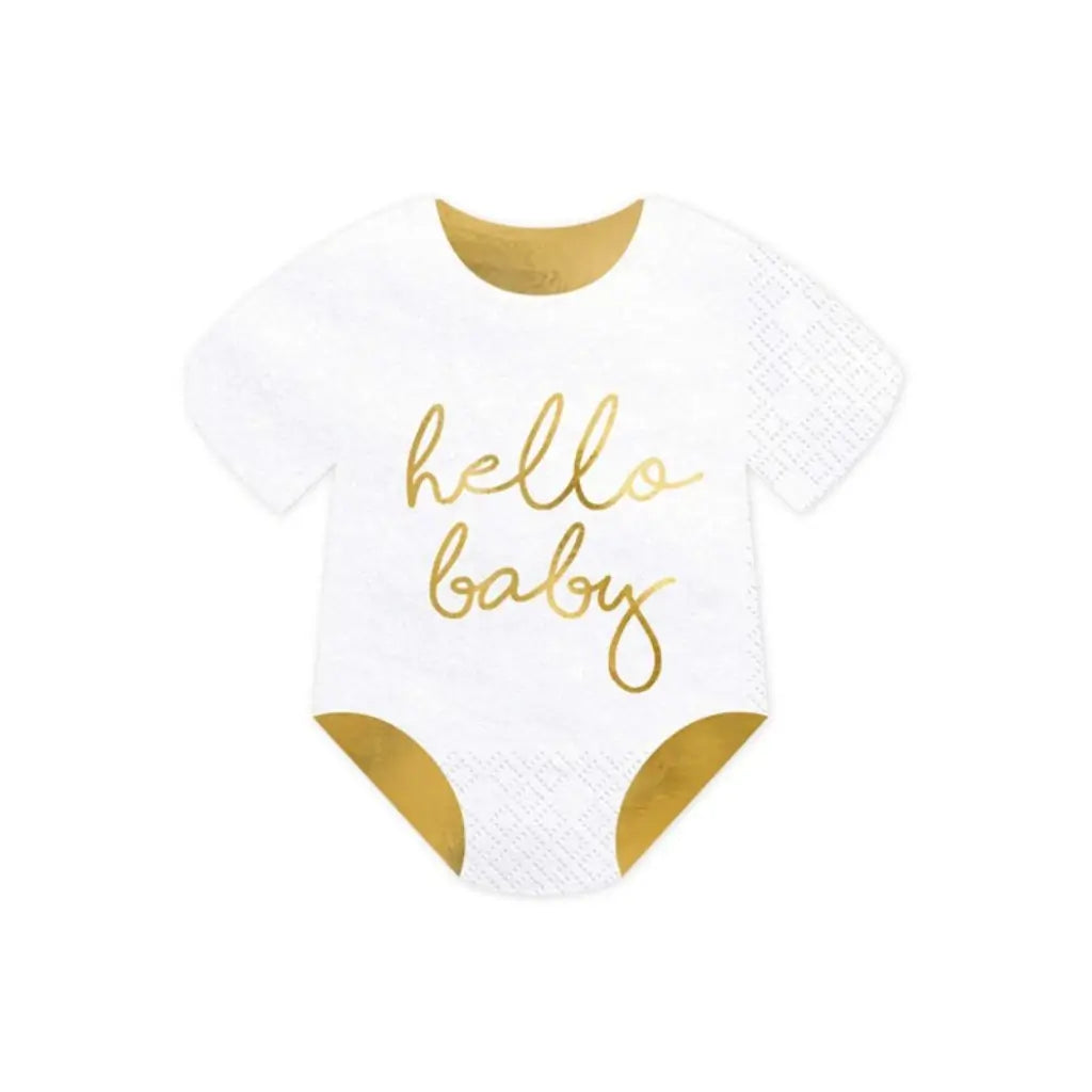 White and gold Hello Baby romper shaped paper napkins