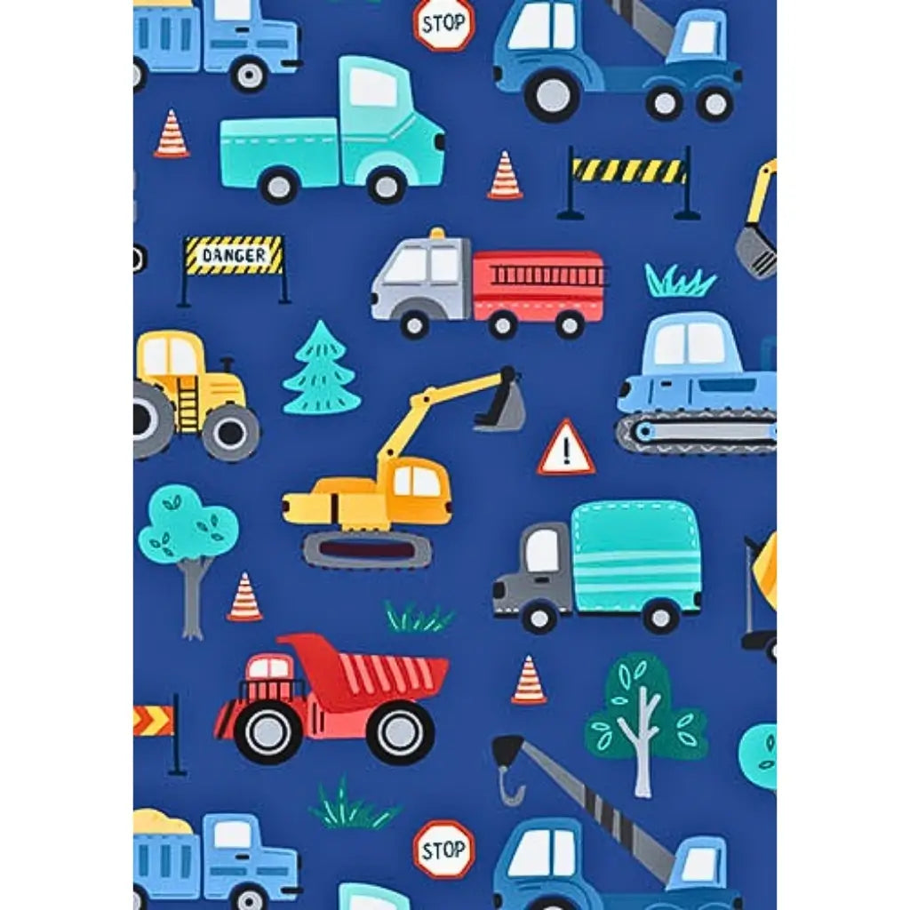 Little truckers gift wrapping paper blue background