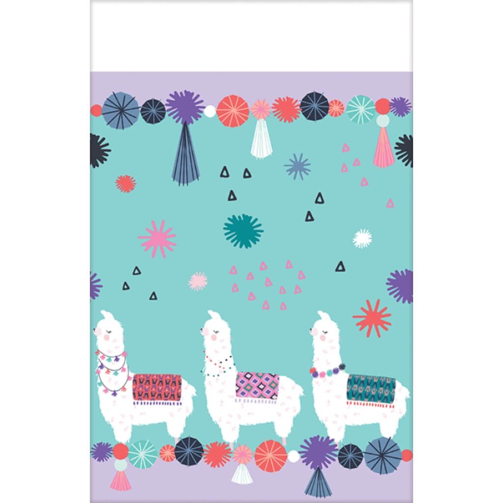 Llama Fun Paper Tablecover with colourful purple, teal and pink llama design