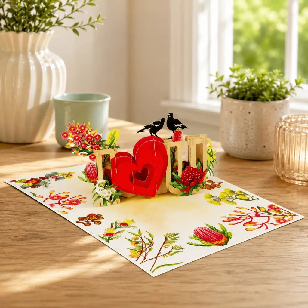 I Love You Magpie Couple 3D Pop-Up Greeting Card – Romantic Red Heart Design
