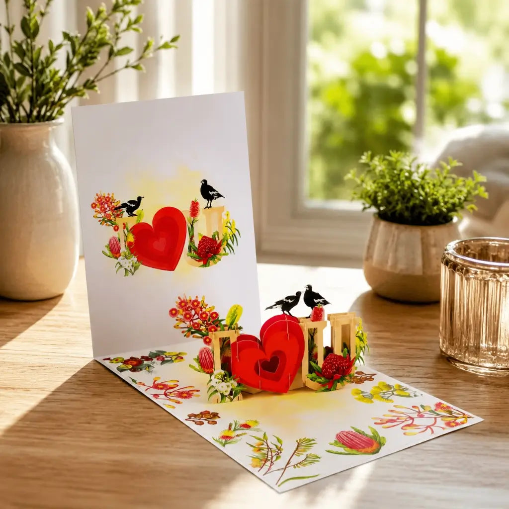 I Love You Magpie Couple 3D Pop-Up Greeting Card – Romantic Red Heart Design