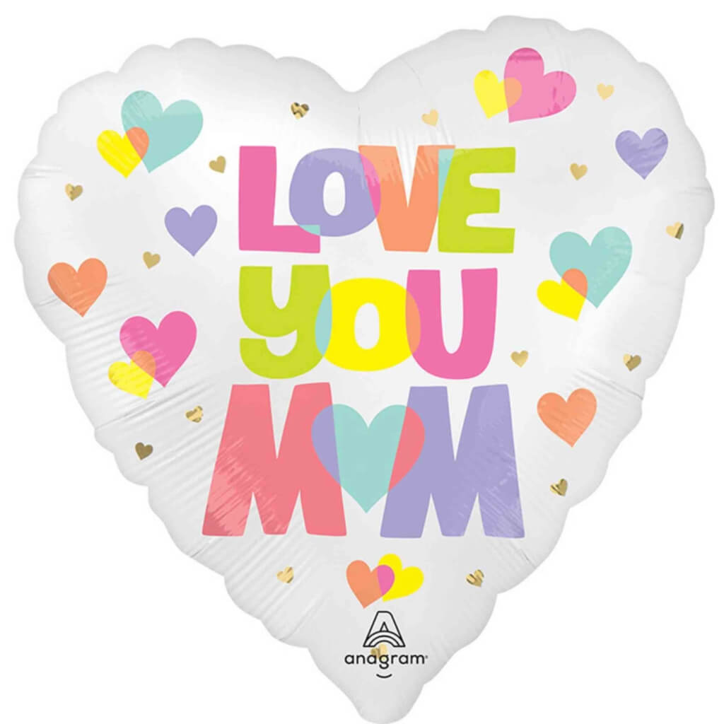 Love You Mum satin heart foil balloon colourful design mothers day