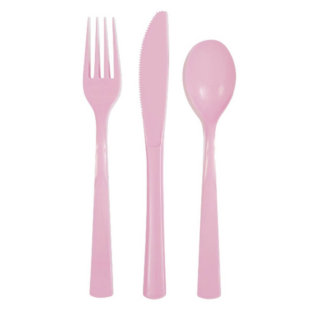 Pink forks knives and spoons reusable party set