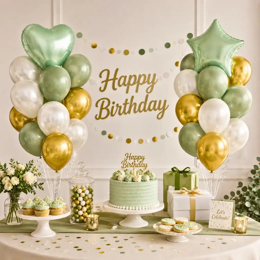 Olive Green Gold White Heart Star Birthday Balloon Bundle 23pk number 1