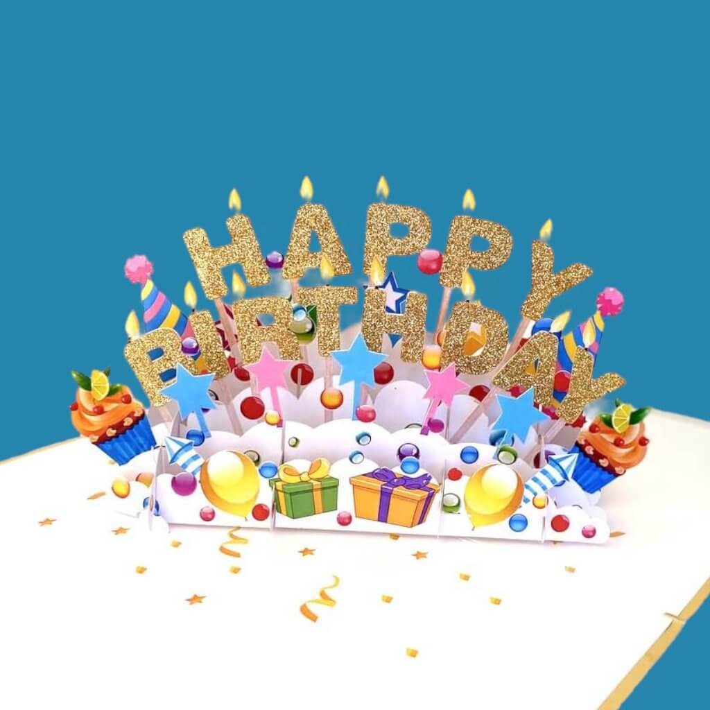 Luxury Gold Glitter Happy Birthday with Presents Pop Up Card