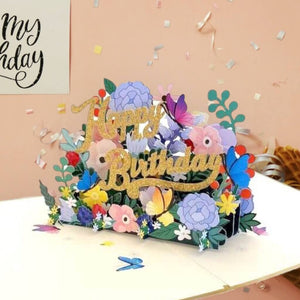 Luxury Gold Glitter Happy Birthday with Spring Garden & Butterfly Pop Up Card