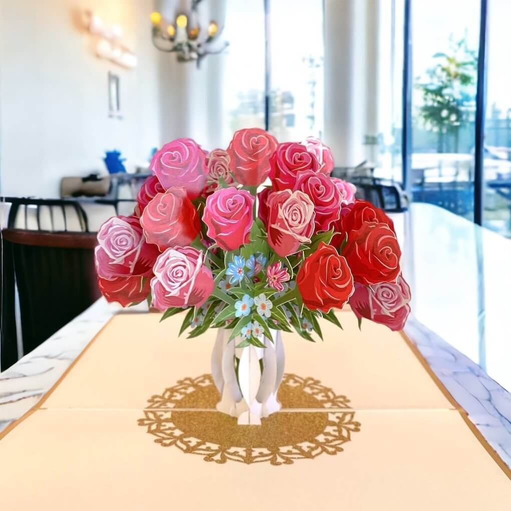Luxury Red & Pink Rose Bouquet in White Vase 3D Pop Up Card