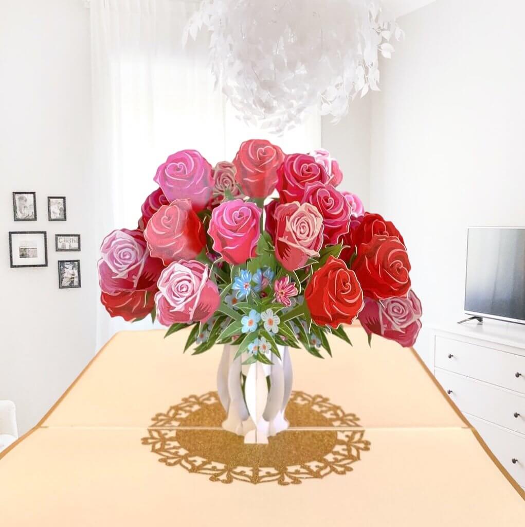 Luxury Red & Pink Rose Bouquet in White Vase 3D Pop Up Card