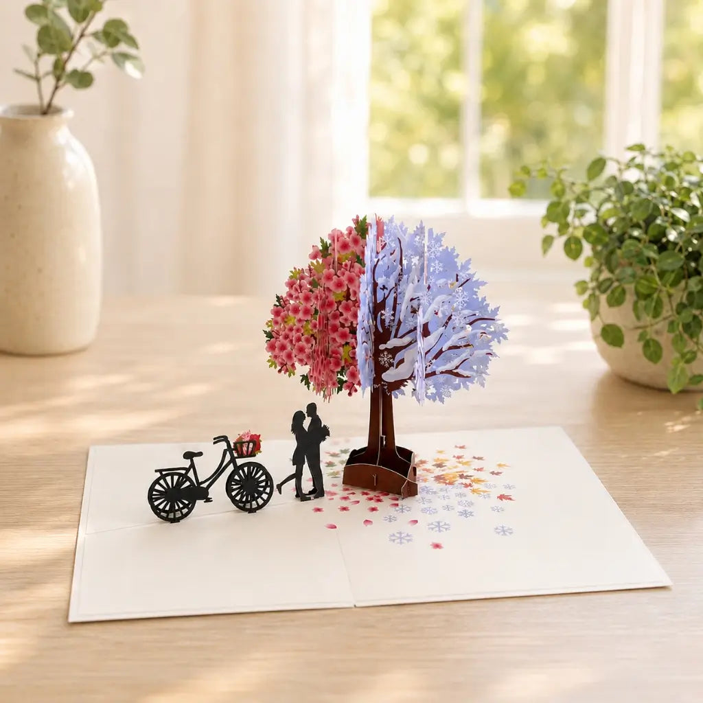 Luxury Silhouette Couple Kissing Under a Magical Four Season Tree 3D Pop Up Valentine's Day Card