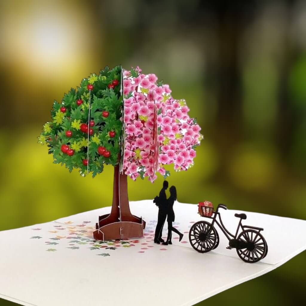Luxury Silhouette Couple Kissing Under a Magical Four Season Tree Pop Up Card