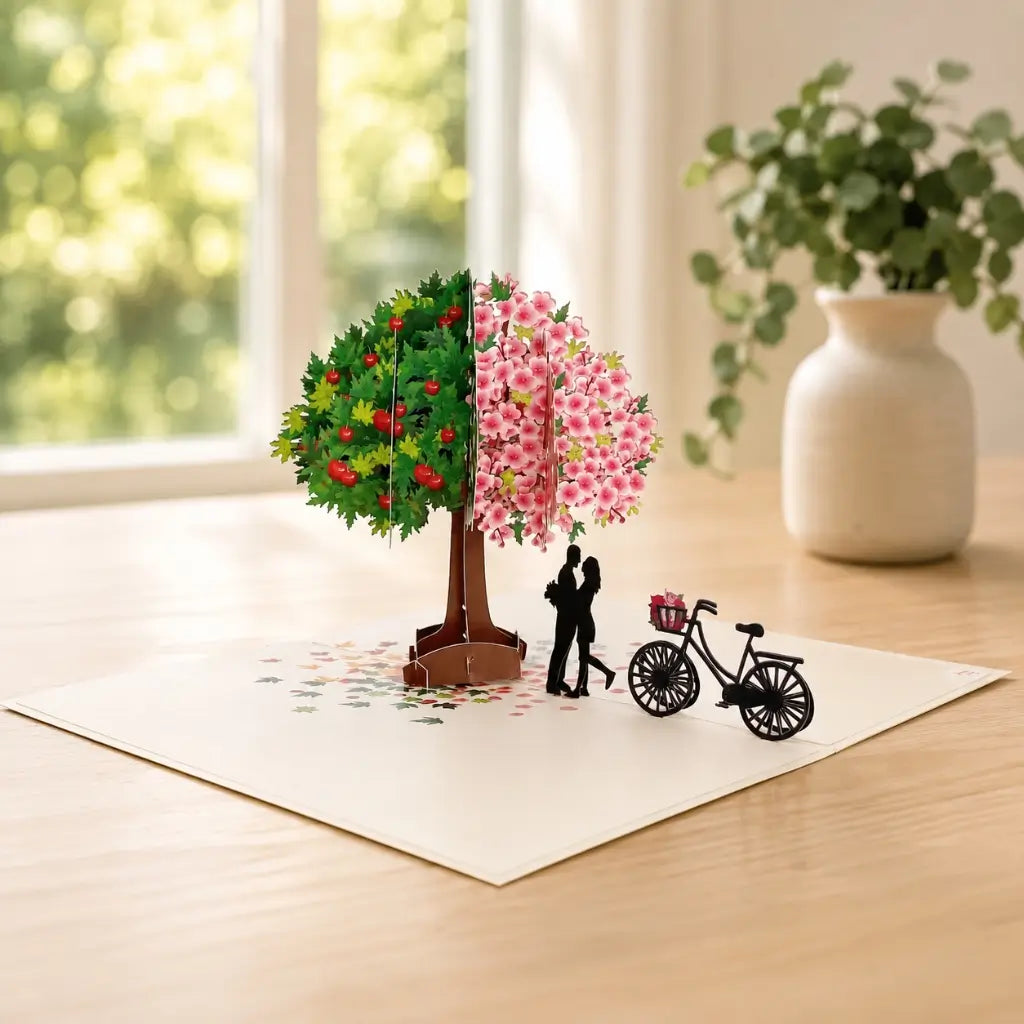 Luxury Silhouette Couple Kissing Under a Magical Four Season Tree 3D Pop Up Valentine's Day Card