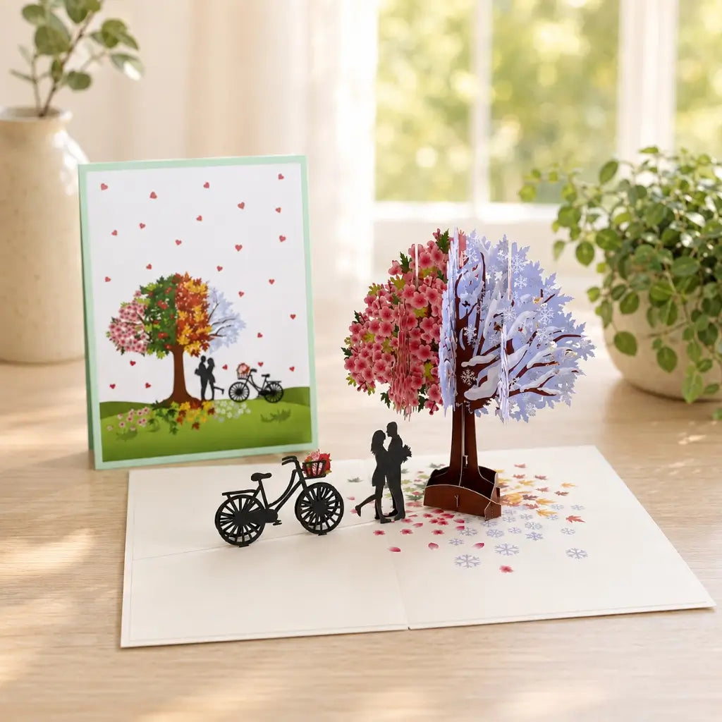 Luxury Silhouette Couple Kissing Under a Magical Four Season Tree 3D Pop Up Valentine's Day Card