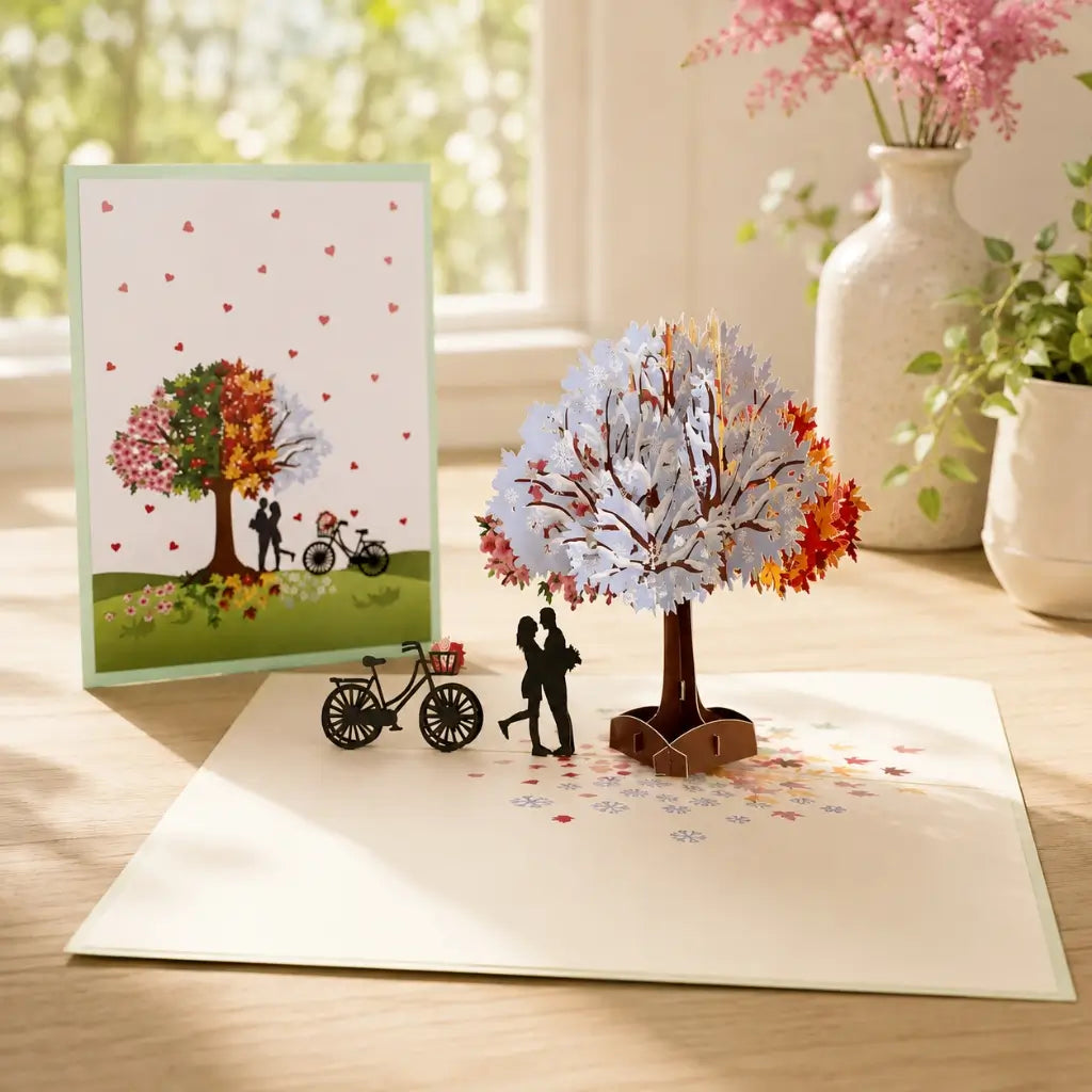 Luxury Silhouette Couple Kissing Under a Magical Four Season Tree 3D Pop Up Valentine's Day Card