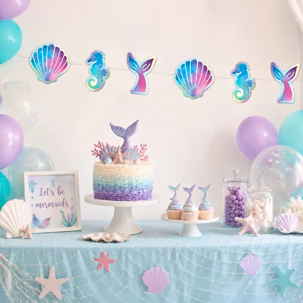 2 meter mermaid garland banner with pastel seashells and mermaid tails