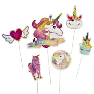 6-piece magical rainbow floral unicorn cake topper set for birthday party theme
