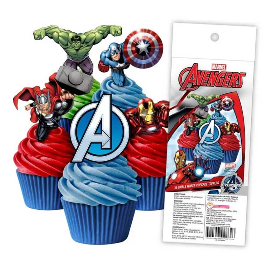Marvel Avengers edible wafer cupcake toppers featuring Iron Man, Captain America, Thor and Hulk.