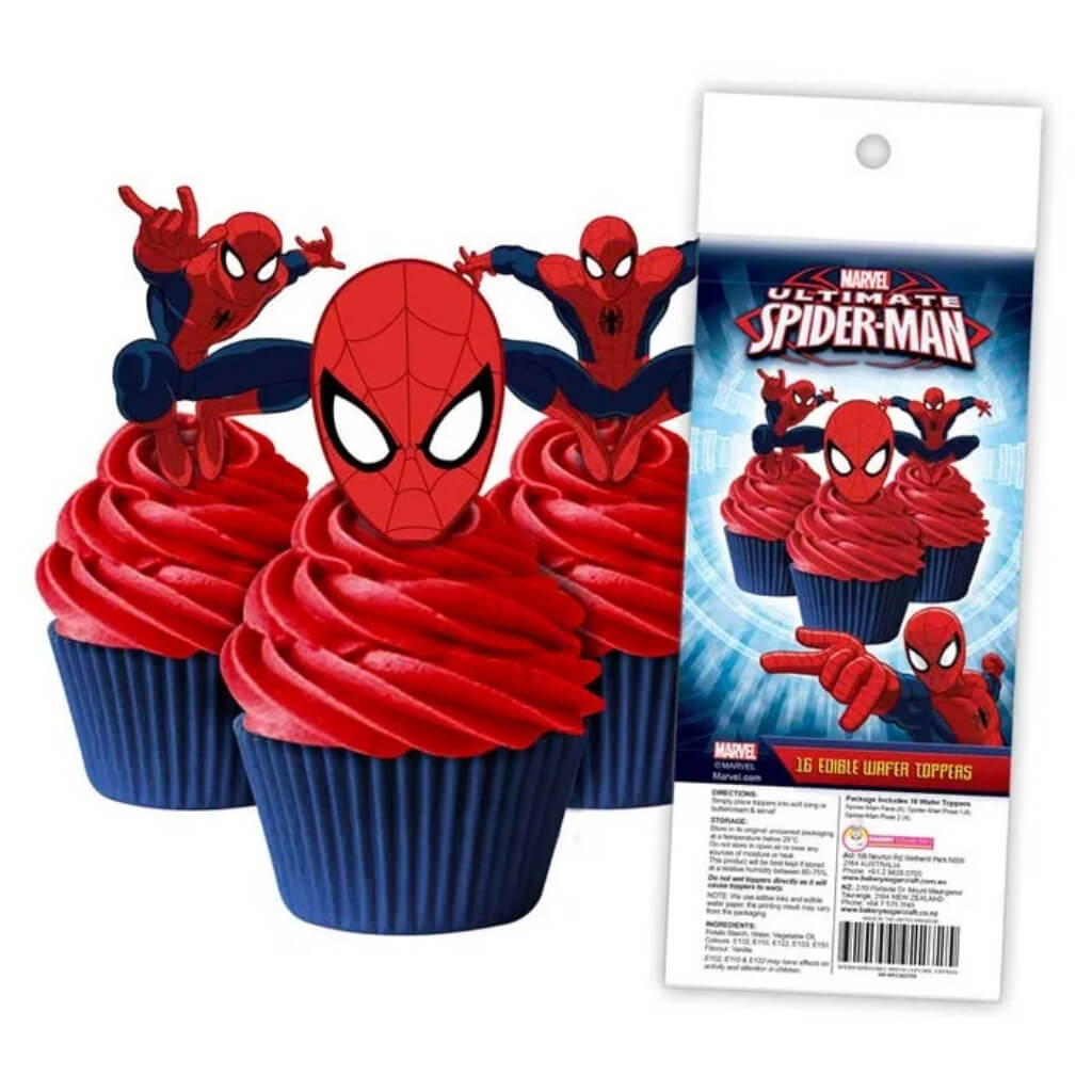 Marvel Spider-Man edible wafer cupcake toppers for superhero birthday parties.