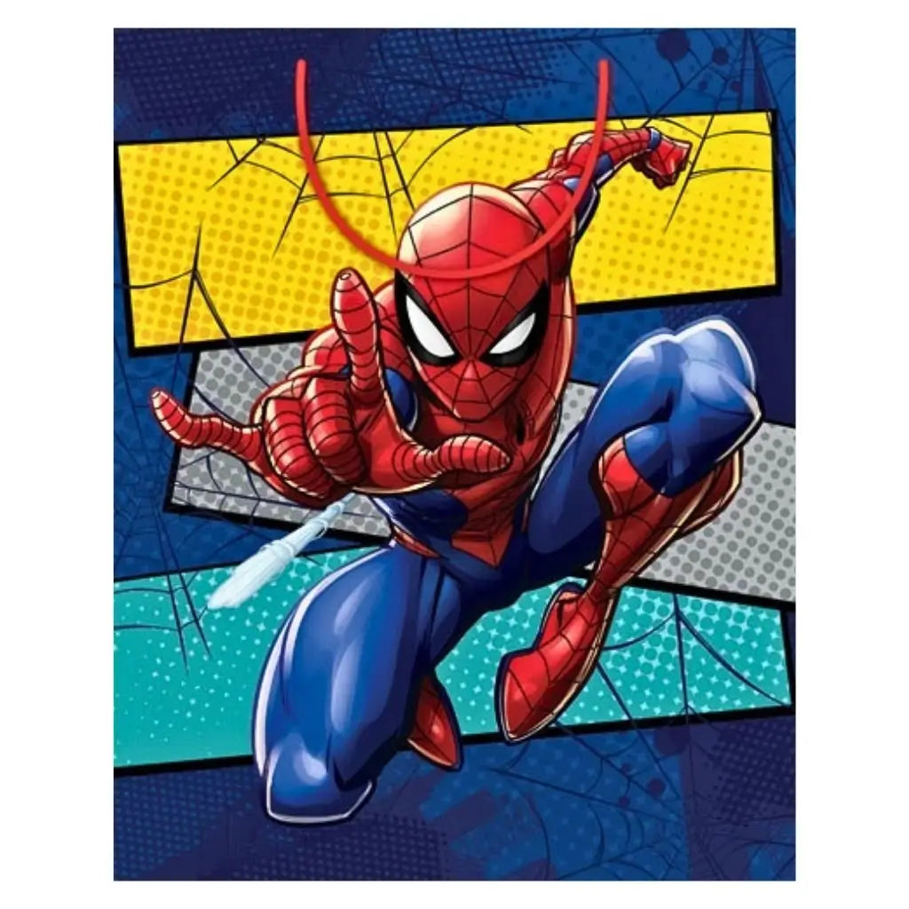 Official Marvel Spider-Man medium paper gift bag featuring comic-style Spider-Man artwork with ribbon handles