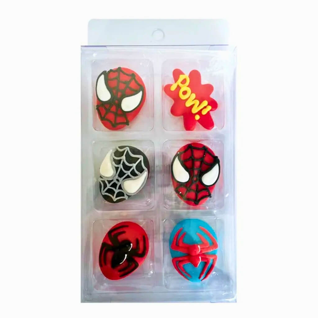 Marvel Spider-Man edible sugar decorations with six assorted superhero designs.