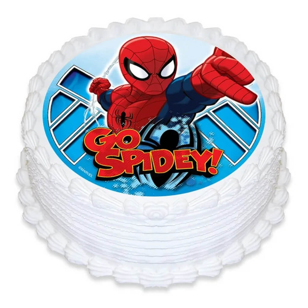 Marvel Spidey Classic round edible cake image featuring Spider-Man for birthday cakes.