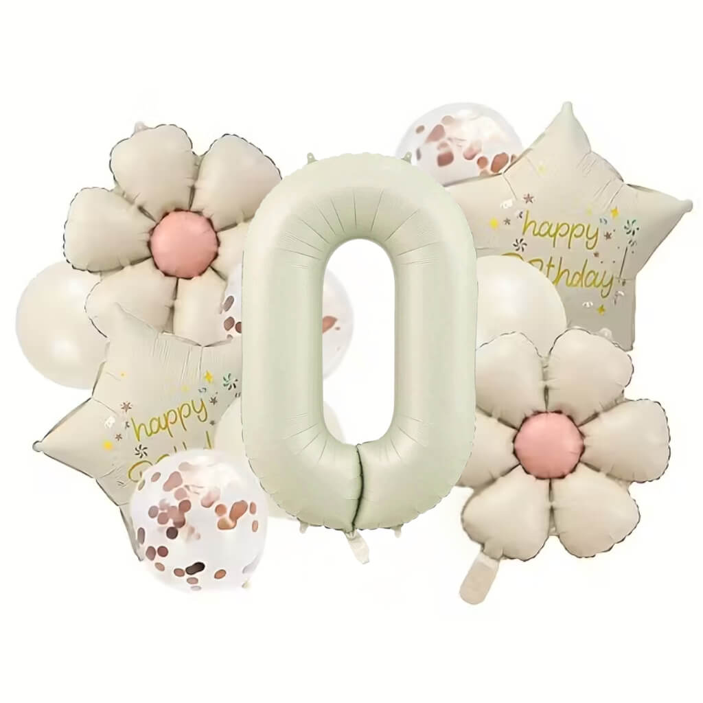 Matte Cream Happy Birthday Balloon Bundle with 40" number foil balloons from 1 to 9