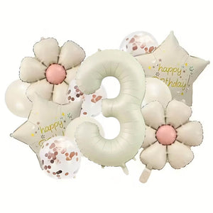 Boho chic daisy birthday balloon bundle in cream and rose gold colours age 3